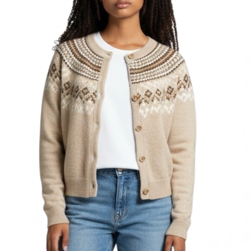 Merona Merino Wool Beige and Cream Patterned Button ‎ Up Cardigan XXL